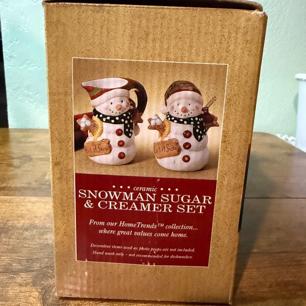 VTG HomeTrends Ceramic Snowman Sugar Creamer Set with Spoon Let‎ It Snow Holiday